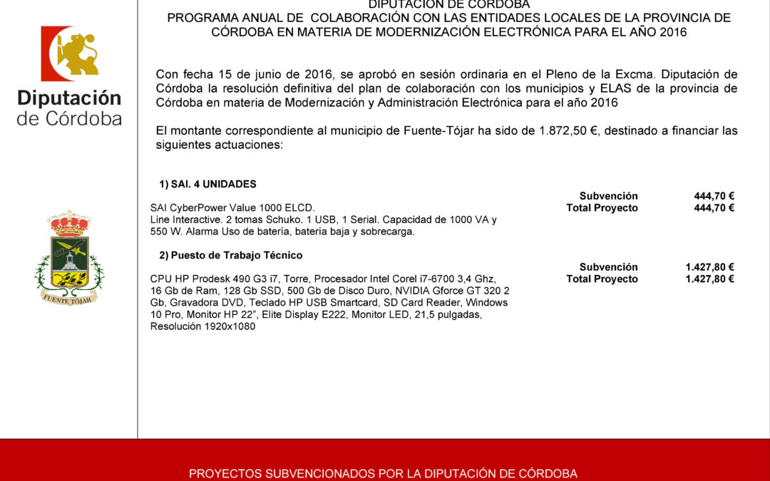Programa Anual de Colaboración con las Entidades Locales de la Provincia de Córodba en Materia de Modernización Electrónica para el año 2016. 1