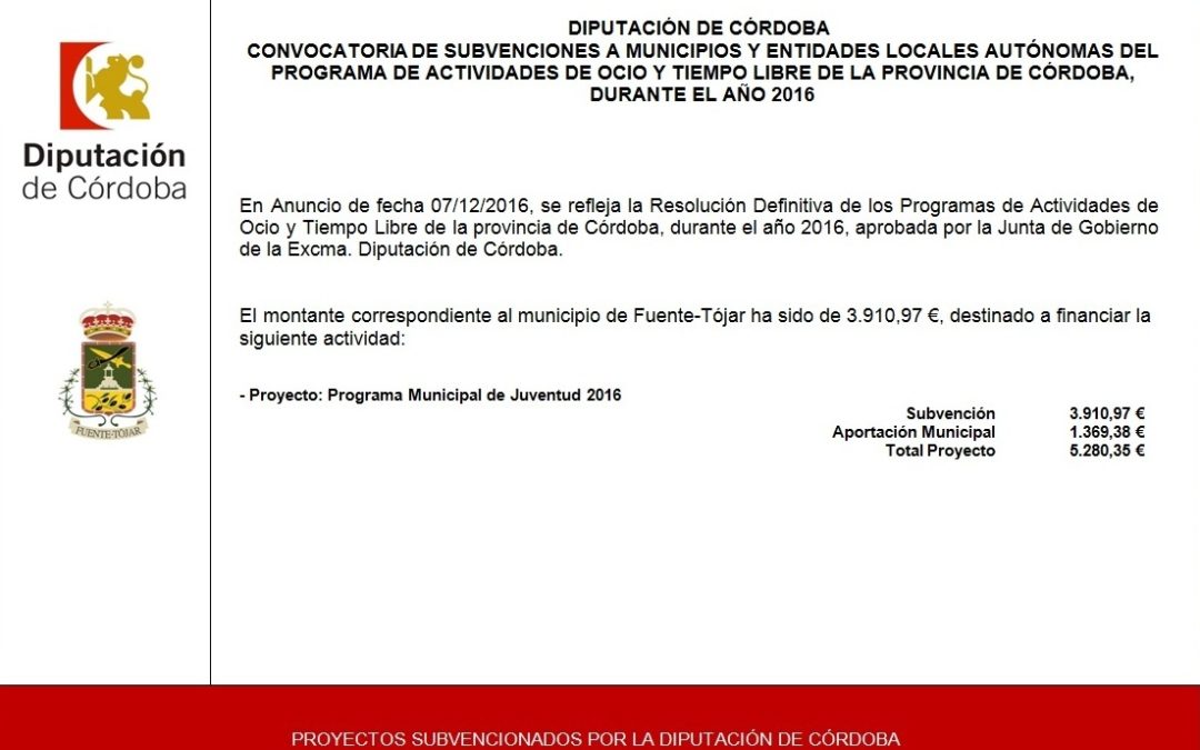 Subvención Diputación de Córdoba Programa de Actividades de Ocio y Tiempo Libre durante el año 2016. 1
