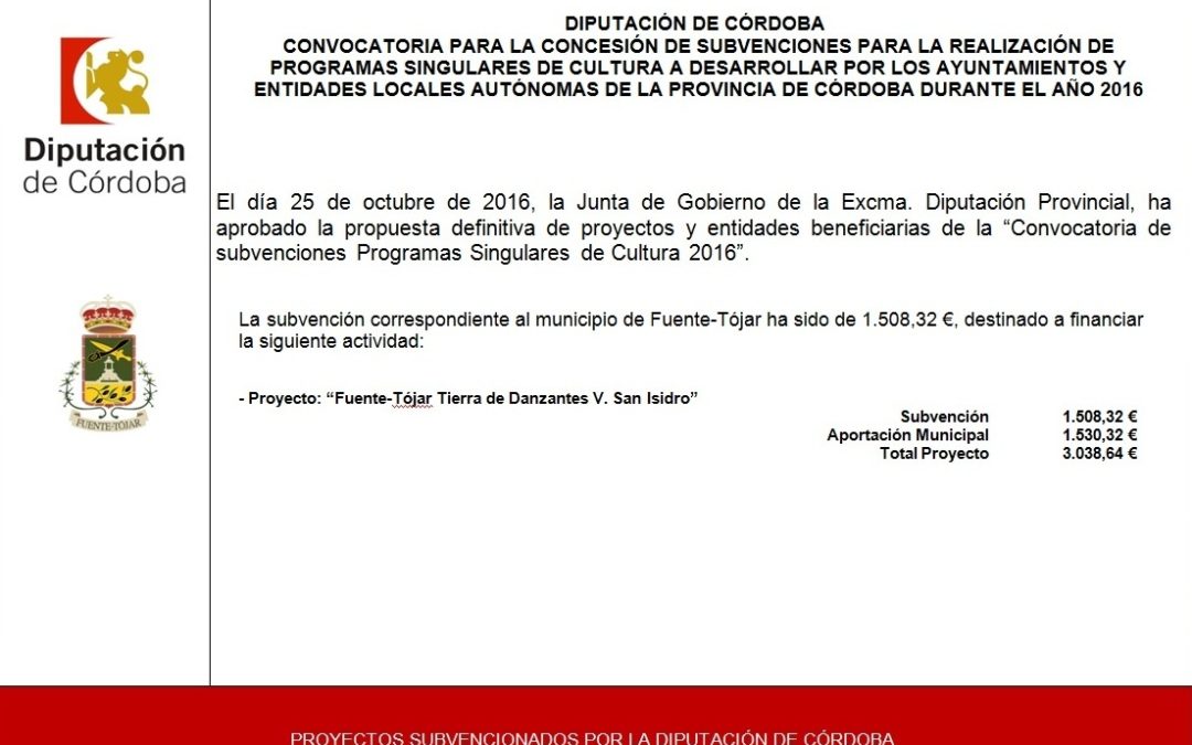 Subvención Diputación de Córdoba Programas Singulares de Cultura durante el año 2016 1