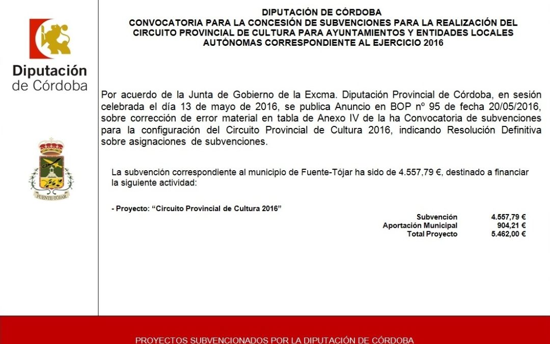 Subvención Diputación de Córdoba Programa circuito Provincial de Cultura durante el año 2016. 1