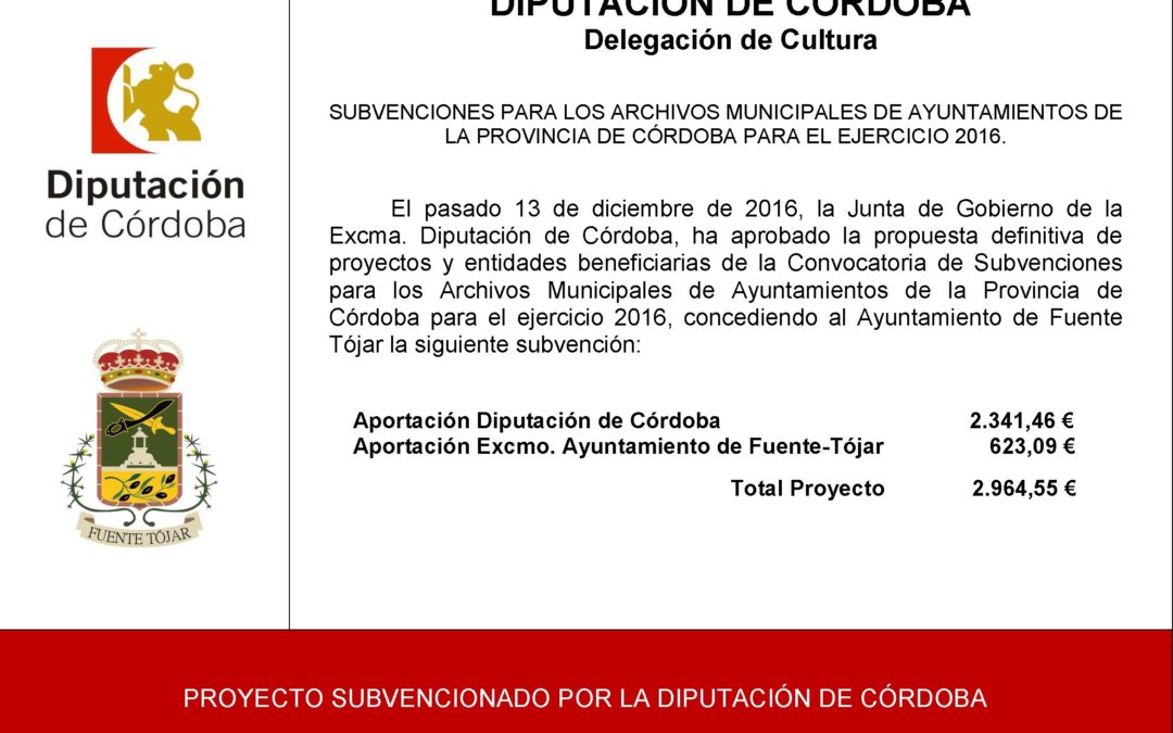 Subvenciones para los Archivos Municipales de Ayuntamientos de la Provincia de Córdoba para el ejercicio 2016. 1