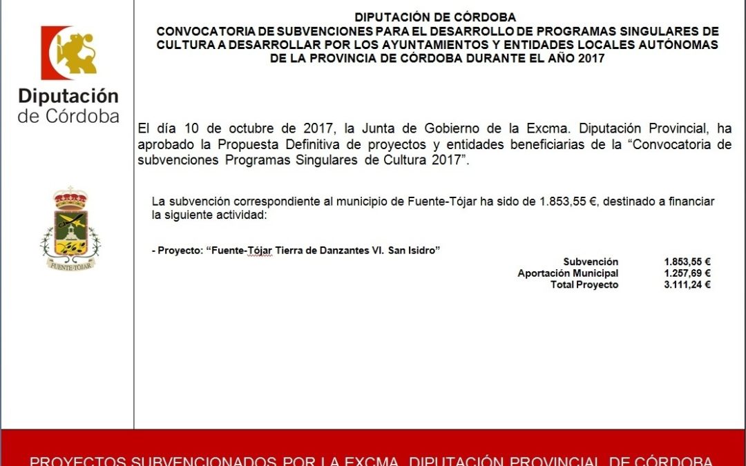 Subvención recibida dentro de la Convocatoria de Programas Singulares de Cultura 2017 de la Excma. Diputación Provincial de Córdoba 1