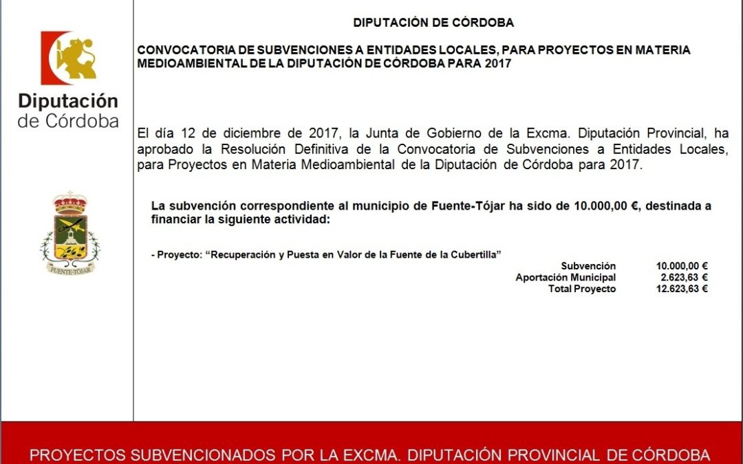 Subvención concedida dentro de la Convocatoria de Subvenciones a Entidades Locales de la provincia para Proyectos en Materia Medioambiental de la Diputación de Córdoba 2017 1