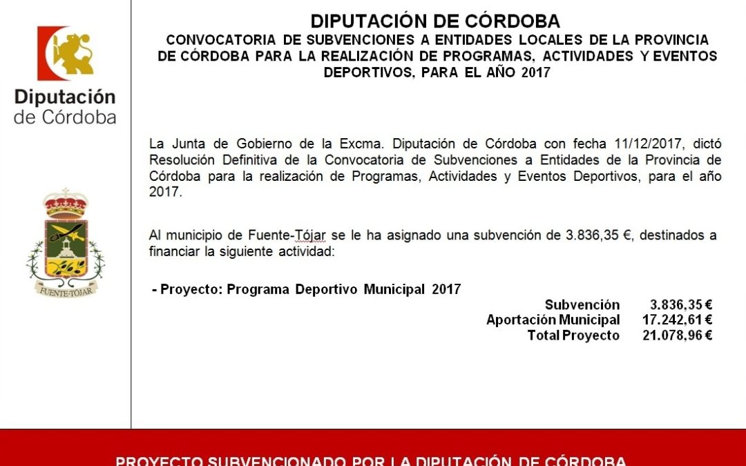 Subvención recibida de la Diputación Provincial de Córdoba para la realización del "Programa Deportivo Municipal 2017" 1