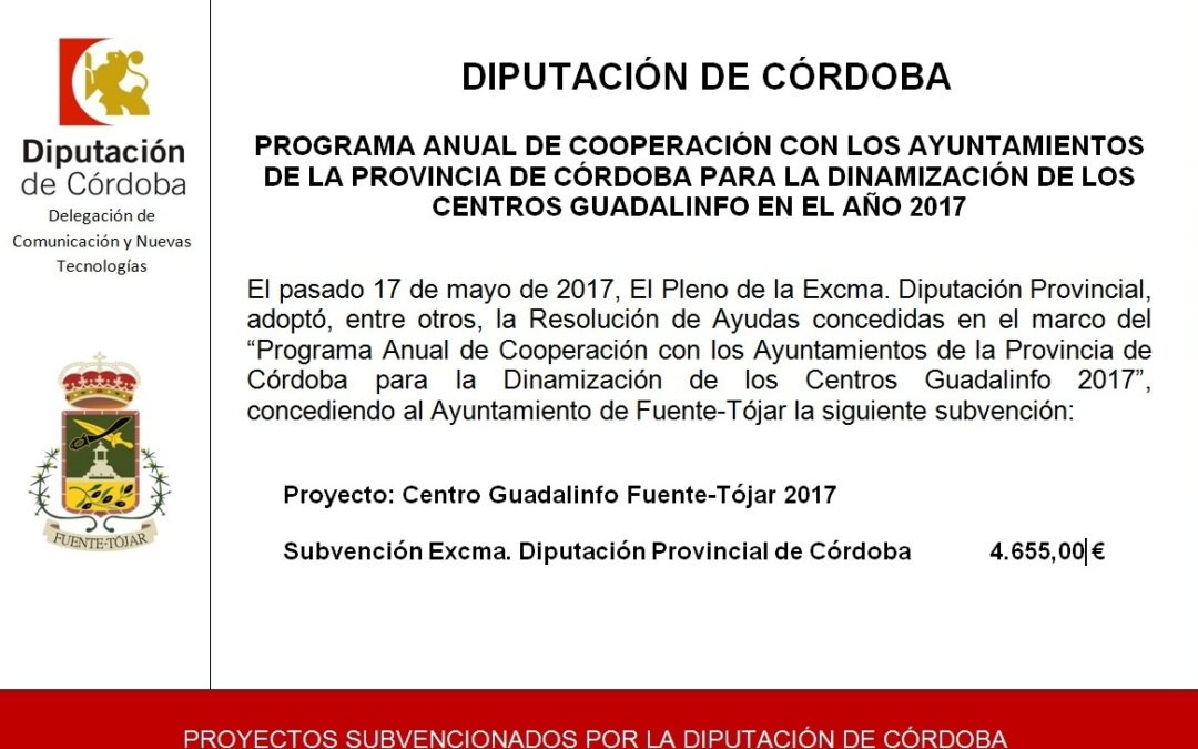 Subvención de la Diputación Provincial de Córdoba para la realización del Proyecto Centro Guadalinfo 2017 1