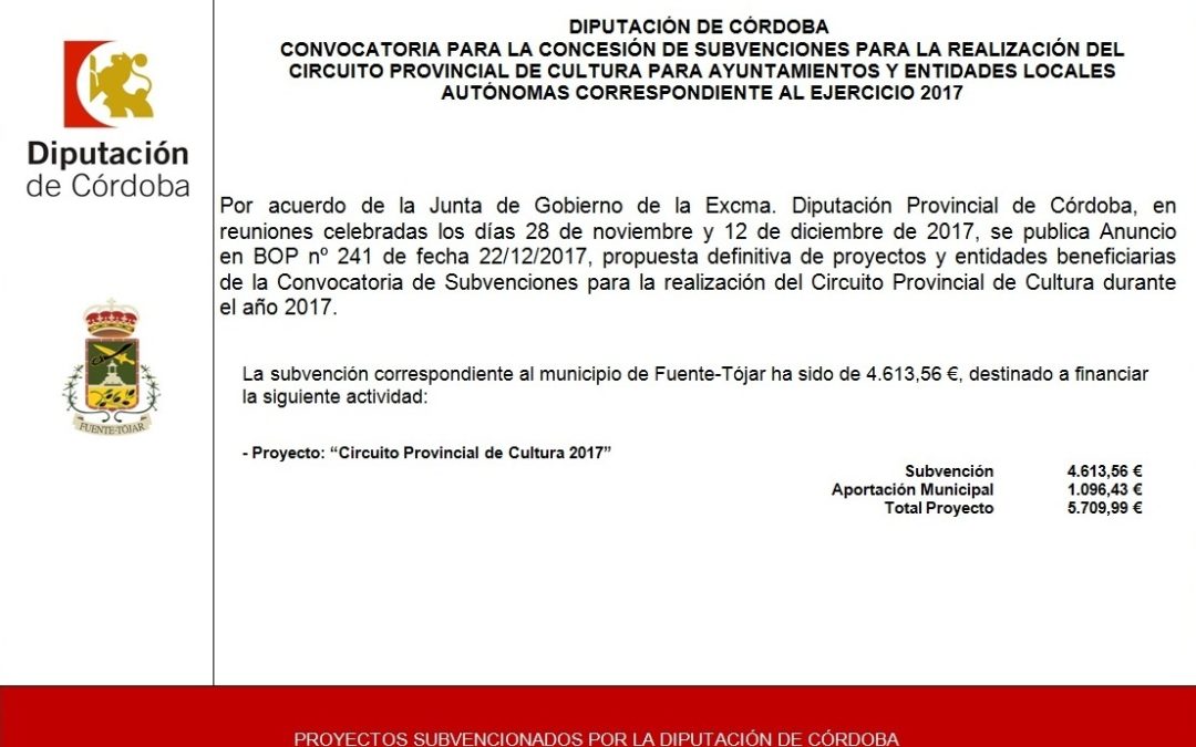 Subvención de la Diputación Provincial de Córdoba para la realización del Circuito Provincial de Cultura 2017 1