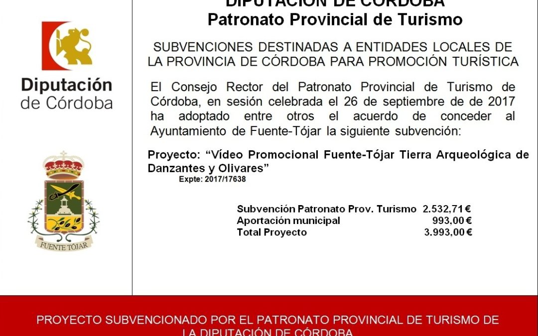 Subvención concedida al Ayuntamiento por parte del Patronato Provincial de Turismo de la Diputación de Córdoba para el ejercicio 2017  1
