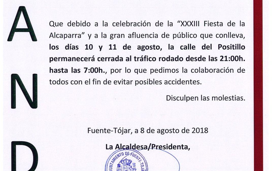 Bando Municipal sobre corte de tráfico rodado en Calle Positillo durante la celebración de la XXXIII Fiesta de la Alcaparra 2018 1