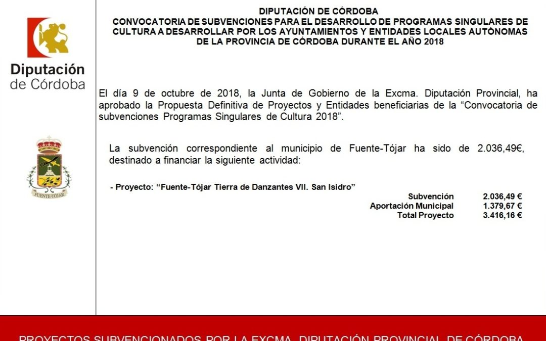 Subvención recibida para el Programa "Fuente-Tójar Tierra de Danzantes VII. San Isidro" 1