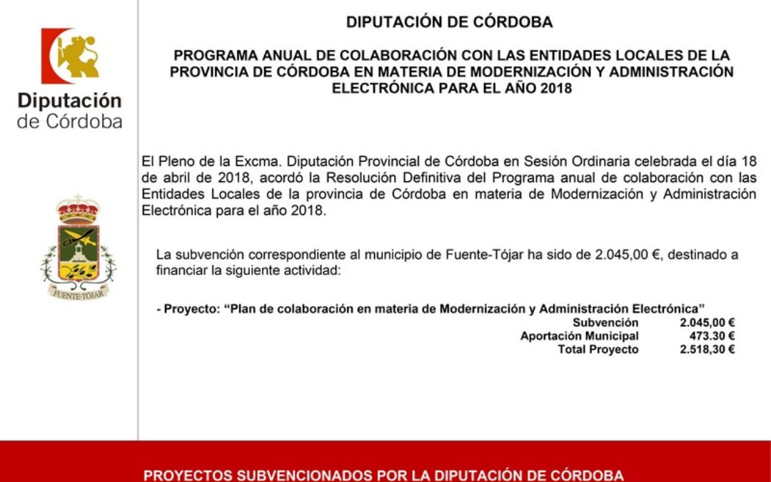El Ayuntamiento recibe de la Excma. Diputación Provincial de Córdoba una subvención dentro del Programa de Modernización y Administración Electrónica 1