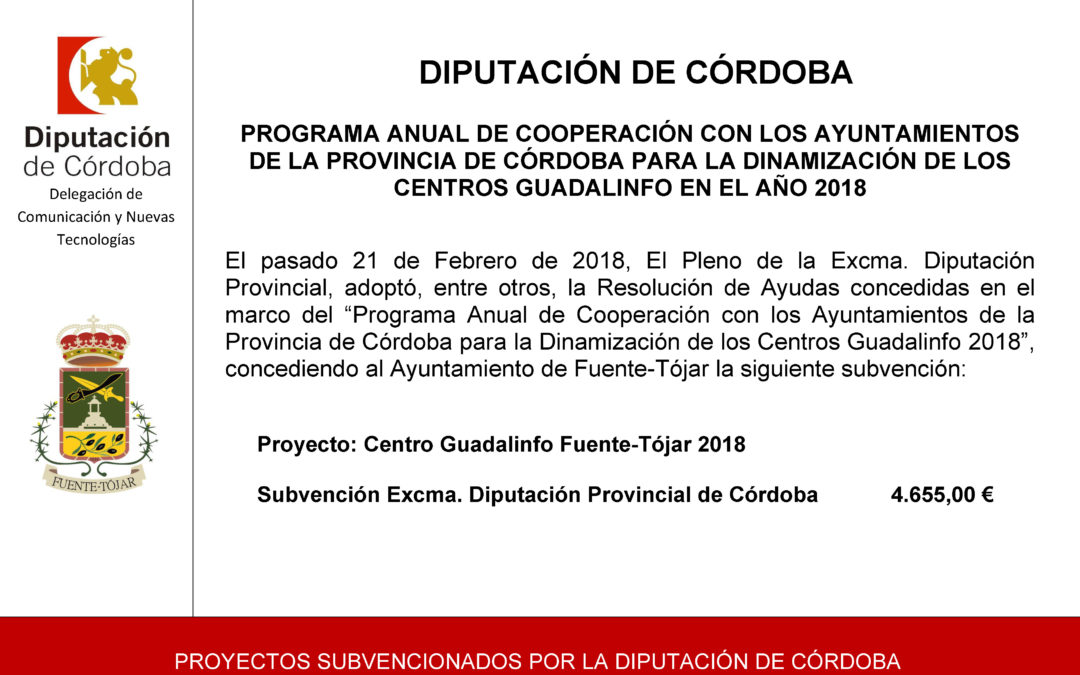 El Ayuntamiento recibe una Subvención de 4.655,00€ dirigida a la cofinanciación de la Dinamización del Centro Guadalinfo Ejercicio 2018 1