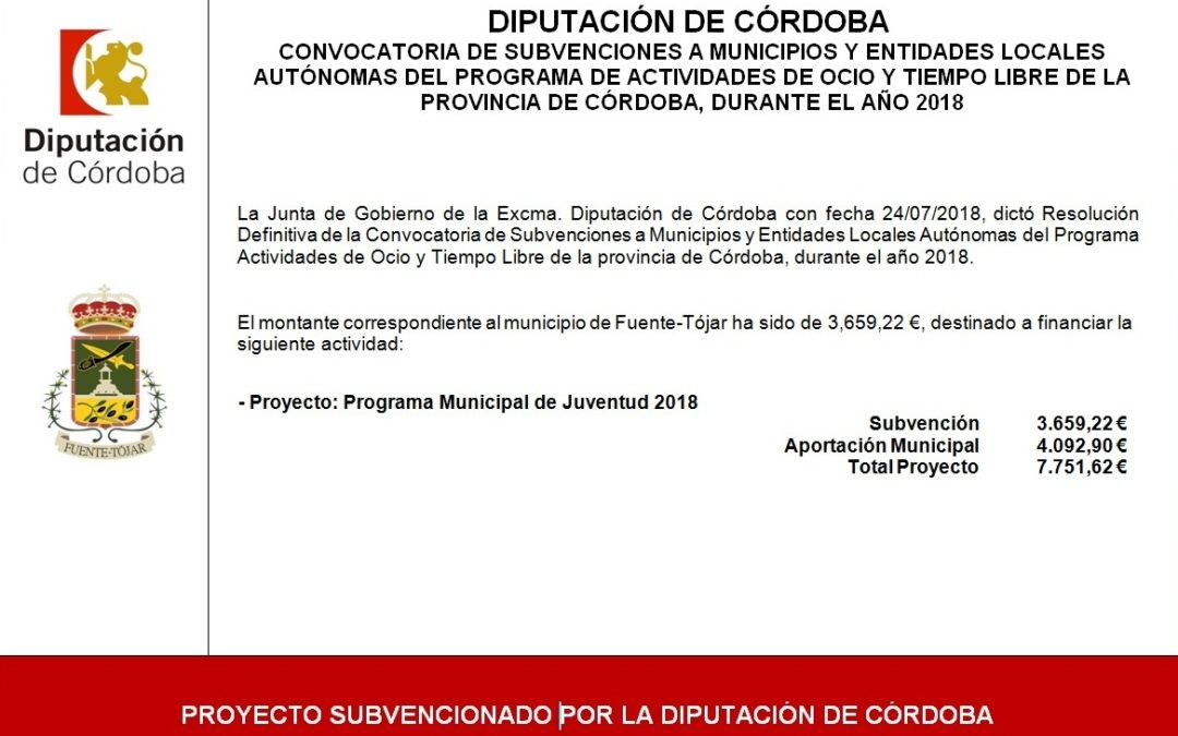 Subvención recibida por Convocatoria de subvenciones a Municipios y Entidades Locales Autónomas del Programa de Actividades de Ocio y Tiempo Libre de la provincia de Córdoba, durante el año 2018 1