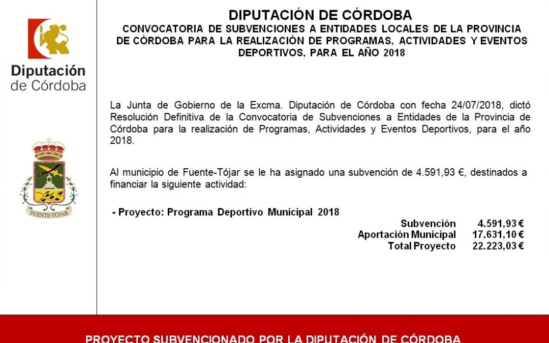 Subvención recibida dentro de la Convocatoria a Entidades de la Provincia de Córdoba para la realización de Programas, Actividades y Eventos Deportivos, para el año 2018 1