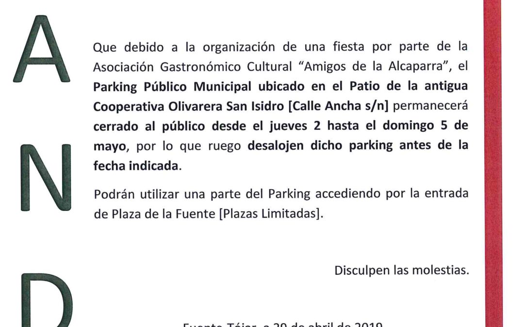 Cierre temporal del Parking Público Municipal en su acceso por Calle Ancha 1