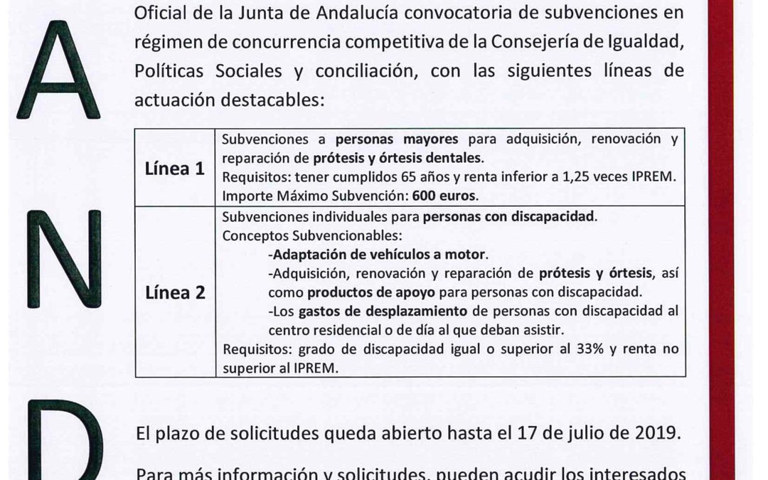 La Junta de Andalucía Convoca Ayudas Públicas  en régimen de concurrencia competitiva, en materia de personas mayores y personas con discapacidad 1