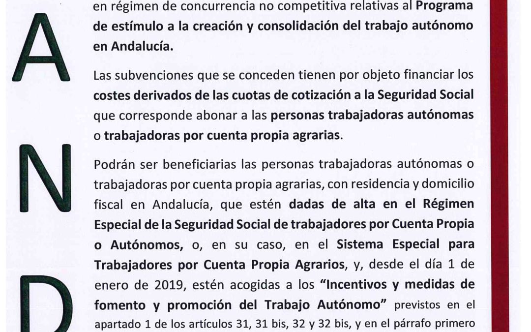 Publicada convocatoria de subvenciones en régimen de concurrencia no competitiva relativas al Programa de estímulo a la creación y consolidación del trabajo autónomo en Andalucía 1