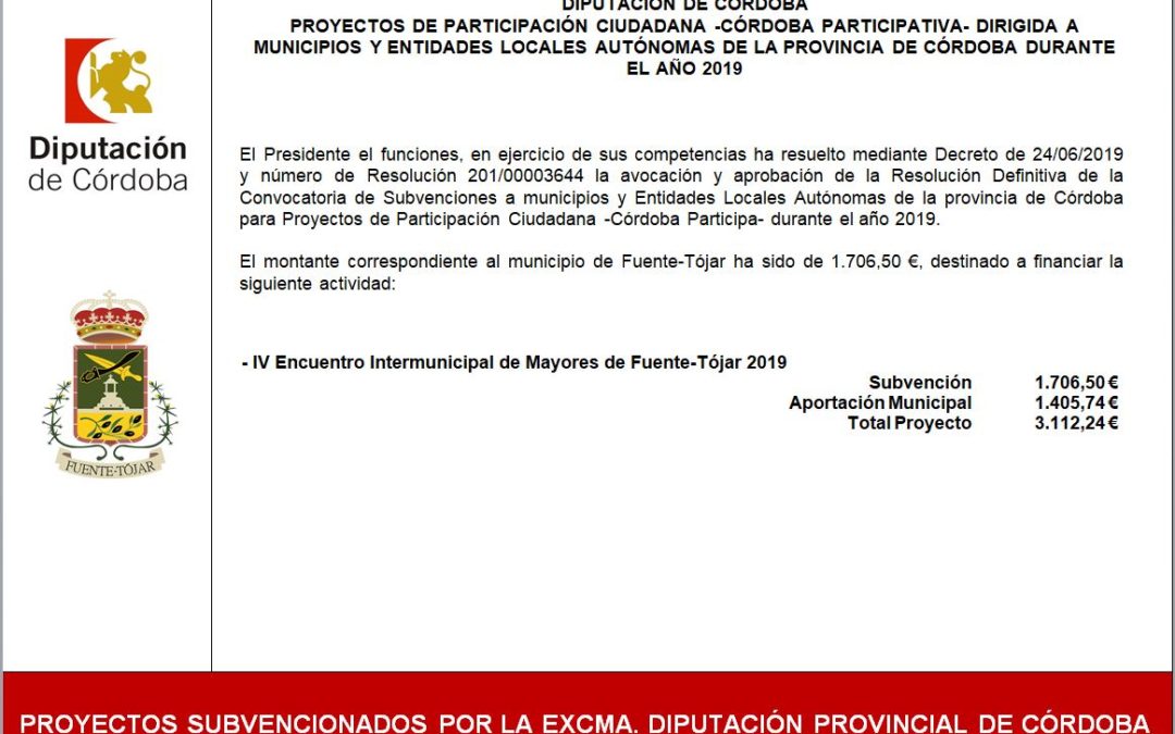 Fuente-Tójar recibe una Subvención de la Excma. Diputación Provincial de Córdoba para la realización del "IV Encuentro Intermunicipal de Mayores" 1