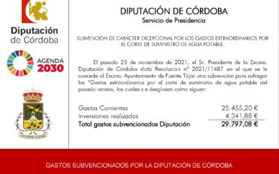 El Ayuntamiento recibe de la Diputación Provincial una Subvención de carácter excepcional para gastos extraordinarios por corte de suministro de agua