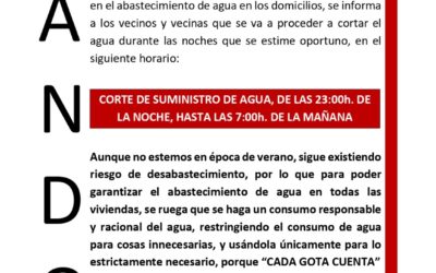Corte de agua de las 23:00h de la noche hasta las 07:00h de la mañana