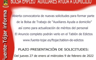 El Ayuntamiento abre Convocatoria para nuevas solicitudes y actualización méritos Bolsa Auxiliares Servicio Ayuda a Domicilio