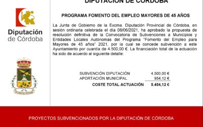 El Ayuntamiento recibe una subvención dentro del Programa de Fomento del Empleo Mayores 45 años, ejercicio 2021