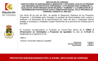 El Ayuntamiento recibe una subvención de la Delegación de Igualdad de la Diputación de Córdoba para el Programa «Fuente-Tójar trabaja por la Igualdad 2021»