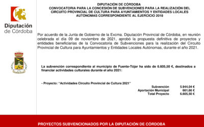 El Ayuntamiento recibe una subvención destinada a actividades culturales dentro del Circuito Provincial de Cultura 2021
