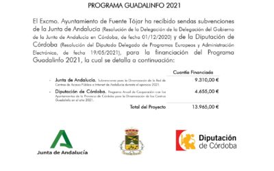 El Ayuntamiento recibe subvención de Diputación y Junta Andalucía para el Programa Guadalinfo 2021