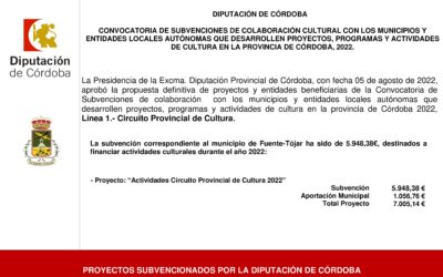 El Ayuntamiento recibe una subvención de la Excma. Diputación Provincial de Córdoba para la realización de actividades culturales
