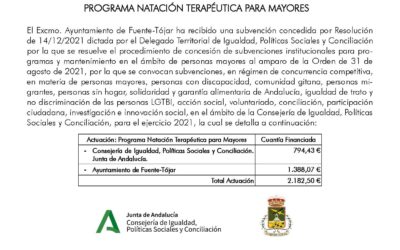 El Ayuntamiento de Fuente-Tójar recibe una subvención de la Junta de Andalucía para cofinanciar una parte del Programa de Natación Terapéutica