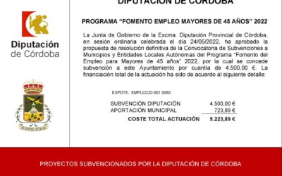 El Ayuntamiento recibe una subvención de la Diputación de Córdoba, para la financiación del Programa de Fomento de Empleo para Mayores de 45 años 2022