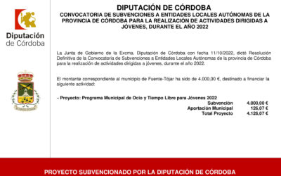 El Ayuntamiento recibe una Subvención de la Diputación de Córdoba para la cofinanciar el Programa Municipal de Ocio y Tiempo Libre para Jóvenes 2022