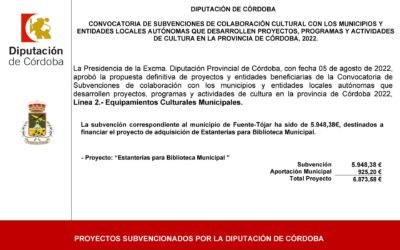 El Ayuntamiento recibe una subvención de la Diputación de Córdoba para la adquisición de estanterías para la Biblioteca Pública Municipal