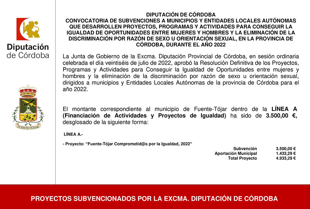 El Ayuntamiento recibe una subvención de la Diputación Provincial de Córdoba para la realización del Programa de Igualdad «Fuente-Tójar Comprometid@s por la Igualdad 2022»