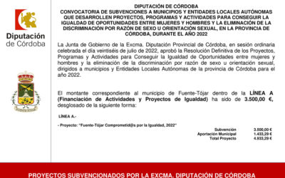 El Ayuntamiento recibe una subvención de la Diputación Provincial de Córdoba para la realización del Programa de Igualdad «Fuente-Tójar Comprometid@s por la Igualdad 2022»