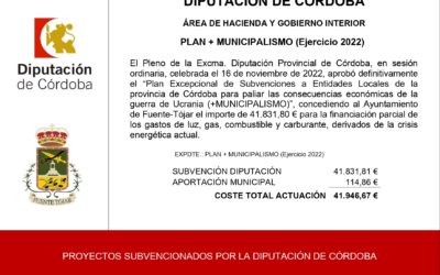 El Ayuntamiento recibe una subvención de la Diputación de Córdoba para gastos corrientes «Plan + Municipalismo»