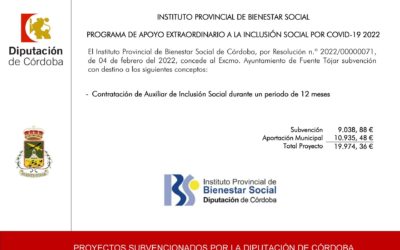El Ayuntamiento recibe una subvención del IPBS Diputación de Córdoba dentro del Programa de Apoyo Extraordinario a la Inclusión Social por COVID-19 2022