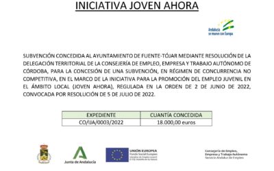 El Ayuntamiento recibe una subvención del Programa «Iniciativa Joven Ahora» 2022 de la Consejería de Empleo, Formación y Trabajo Autónomo