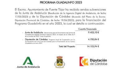El Ayuntamiento recibe subvenciones de la Diputación de Córdoba y la Junta de Andalucía para la financiación del Programa Guadalinfo 2023