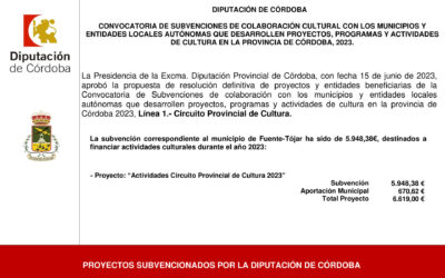 El Ayuntamiento recibe una subvención de 5.948,38 € de la Delegación de Cultura de la Diputación de Córdoba. Circuito Provincial de Cultura 2023