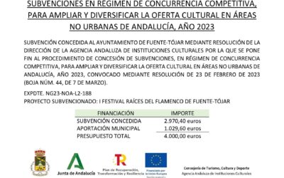 El Ayuntamiento recibe una subvención de la Consejería de Turismo, Cultura y Deporte de la Junta de Andalucía para el I Festival Raíces del Flamenco de Fuente-Tójar 2023