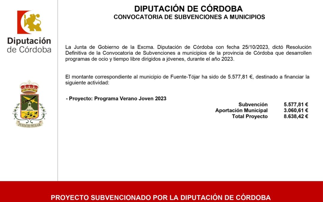El Ayuntamiento recibe una subvención de la Diputación de Córdoba para la cofinanciación del Programa «Verano Joven 2023»