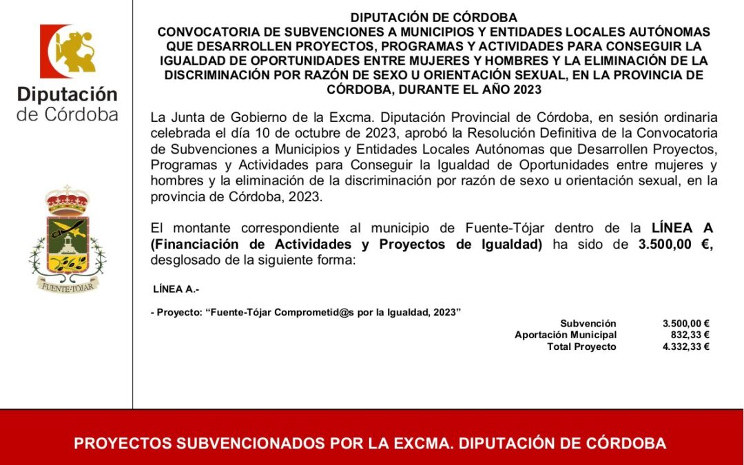 El Ayuntamiento recibe una subvención de la Diputación de Córdoba para cofinanciar el Programa «Fuente-Tójar Comprometid@s por la Igualdad» 2023
