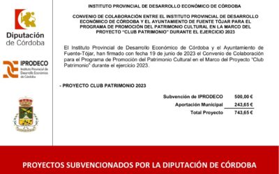 El Ayuntamiento recibe una subvención del Instituto Provincial de Desarrollo Económico de la Diputación de Córdoba, dentro del Programa del Club Patrimonio 2023