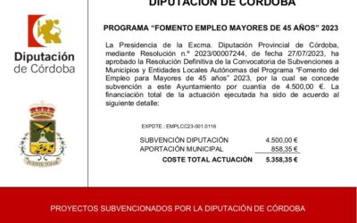 El Ayuntamiento recibe una subvención de la Diputación de Córdoba, dentro del Programa Fomento Empleo Mayores de 45 años, Ejercicio 2023
