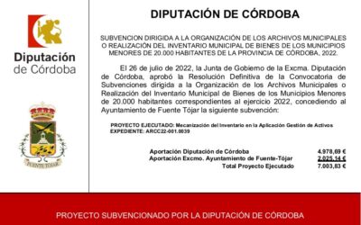 El Ayuntamiento recibe de la Diputación de Córdoba, una subvención de la Convocatoria del año 2022, destinada a la Mecanización del Inventario Municipal