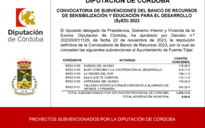 El Ayuntamiento recibe de la Diputación de Córdoba una Subvención del Banco de Recursos de Sensibilización y Educación al Desarrollo 2023