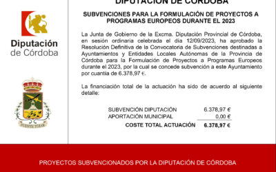 El Ayuntamiento recibe de la Diputación de Córdoba una subvención para formulación de Proyectos Europeos. Ejercicio 2023