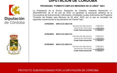 El Ayuntamiento recibe una subvención de la Diputación de Córdoba, dirigida a la contratación de menores de 45 años, Ejercicio 2023