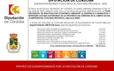 El Ayuntamiento recibe una subvención de 188.372,04 € dentro del Plan Más Provincia de la Diputación de Córdoba 2023